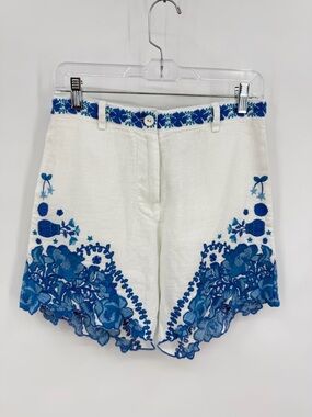 Johnny Was Jade Tai 100% Linen Embroidered Shorts White Blue Size XS